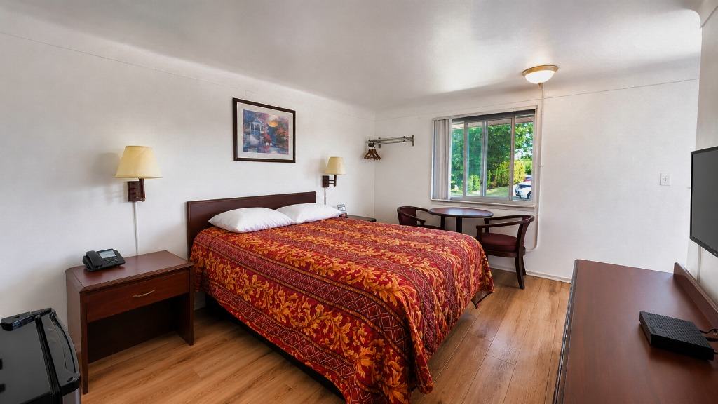 Comfortable Guest Room Interior at Bay Motel with hardwood flooring, seating area, microwave, and mini-fridge